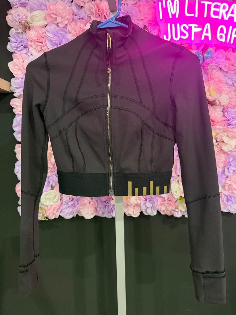 lululemon athletica Black Cropped Zip-Up Bomber Jacket with Gold Accents